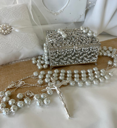 Wedding Lasso with Box, White Pearl Silver Chain Wedding & Caja de Lazo