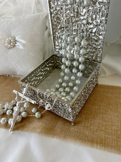 Wedding Lasso with Box, White Pearl Silver Chain Wedding & Caja de Lazo