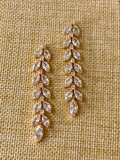 Gold Bridal Earrings, Swarovski and Zirconia Wedding & 15 Anos Leaf Earring