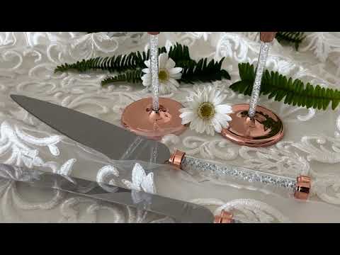 Wedding Glasses and Cake Server Set, Champagne Flutes, Toasting Glasses and Cake Cutting Set for Weddings and Special Occasions