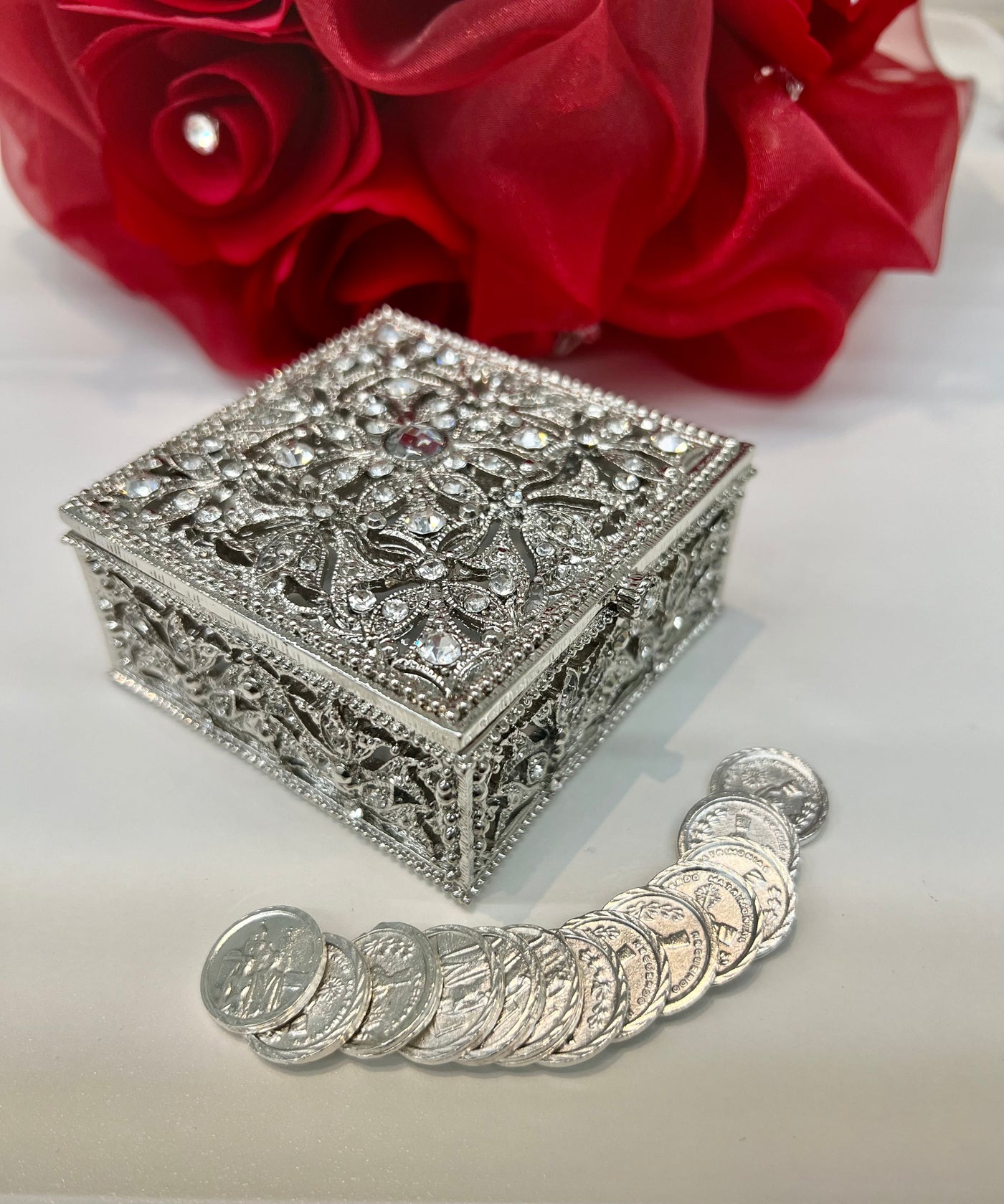 Wedding Arras Box and Coins - Square Rhinestone Wedding box, Cajas Platiadas Para Aras