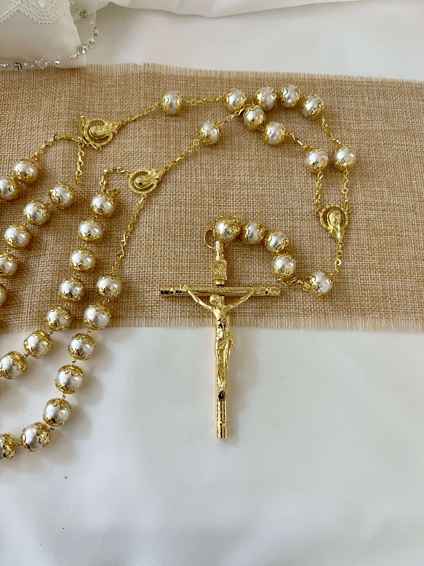 Wedding Lasso Rosary with Cross , Ivory Pearl Gold Chain Wedding Lasso by Lucky Collections ™