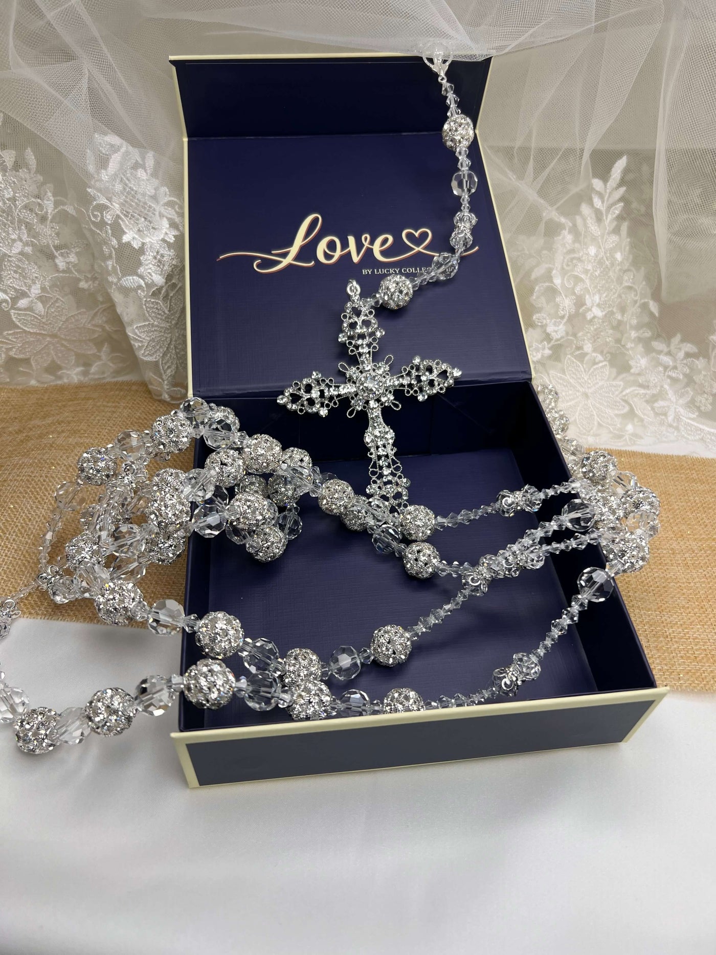 Wedding Lasso, Lazo de Boda, Rhinestone Balls and Crystal Galore with Filigree Cross