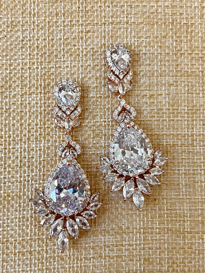 Rose Gold Bridal Earrings, Swarovski and Zirconia Wedding jewelry, Luxury Drop Earring from Lucky Collections