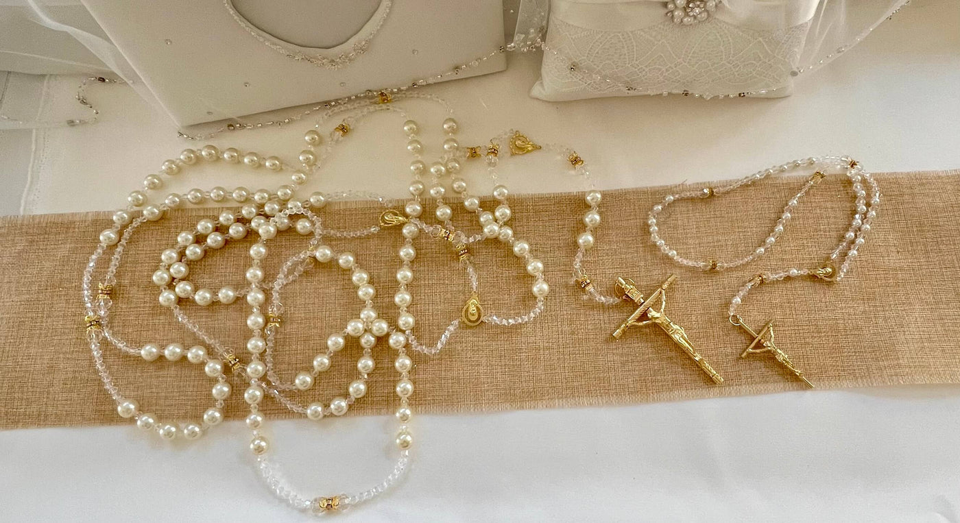 Wedding Lasso & Matching Rosary Combo Classic Ivory Pearl and Crystals Gold