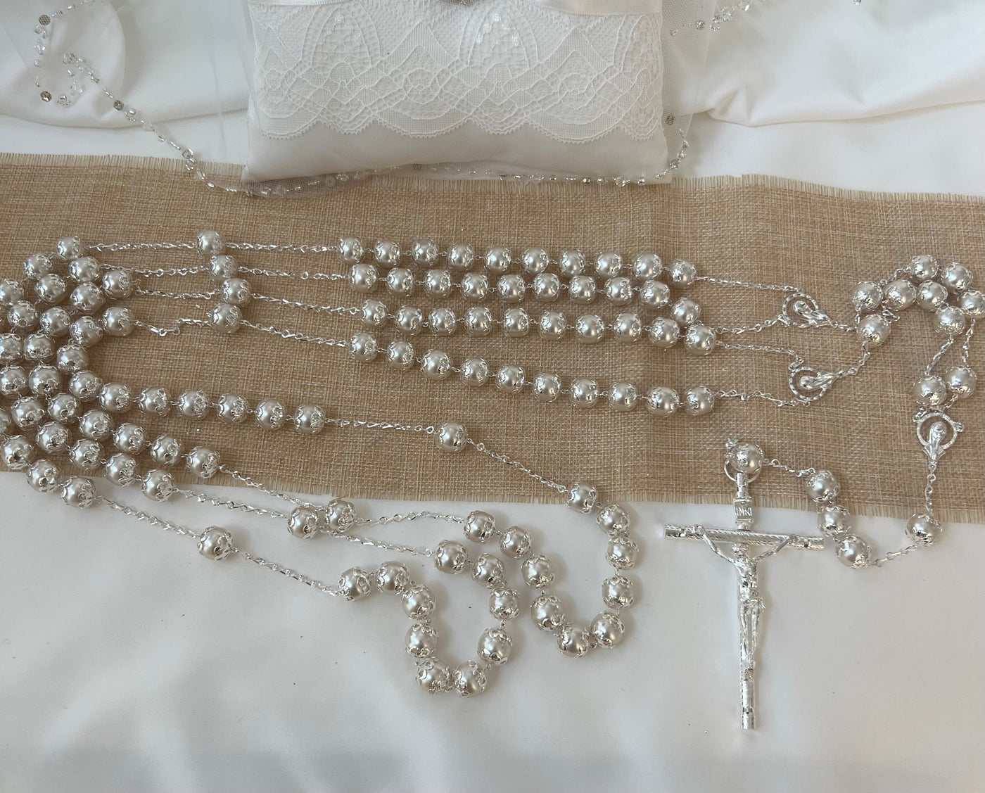 Wedding Lasso Rosary with Cross , Ivory Pearl Chain Wedding Lasso by Lucky Collections ™