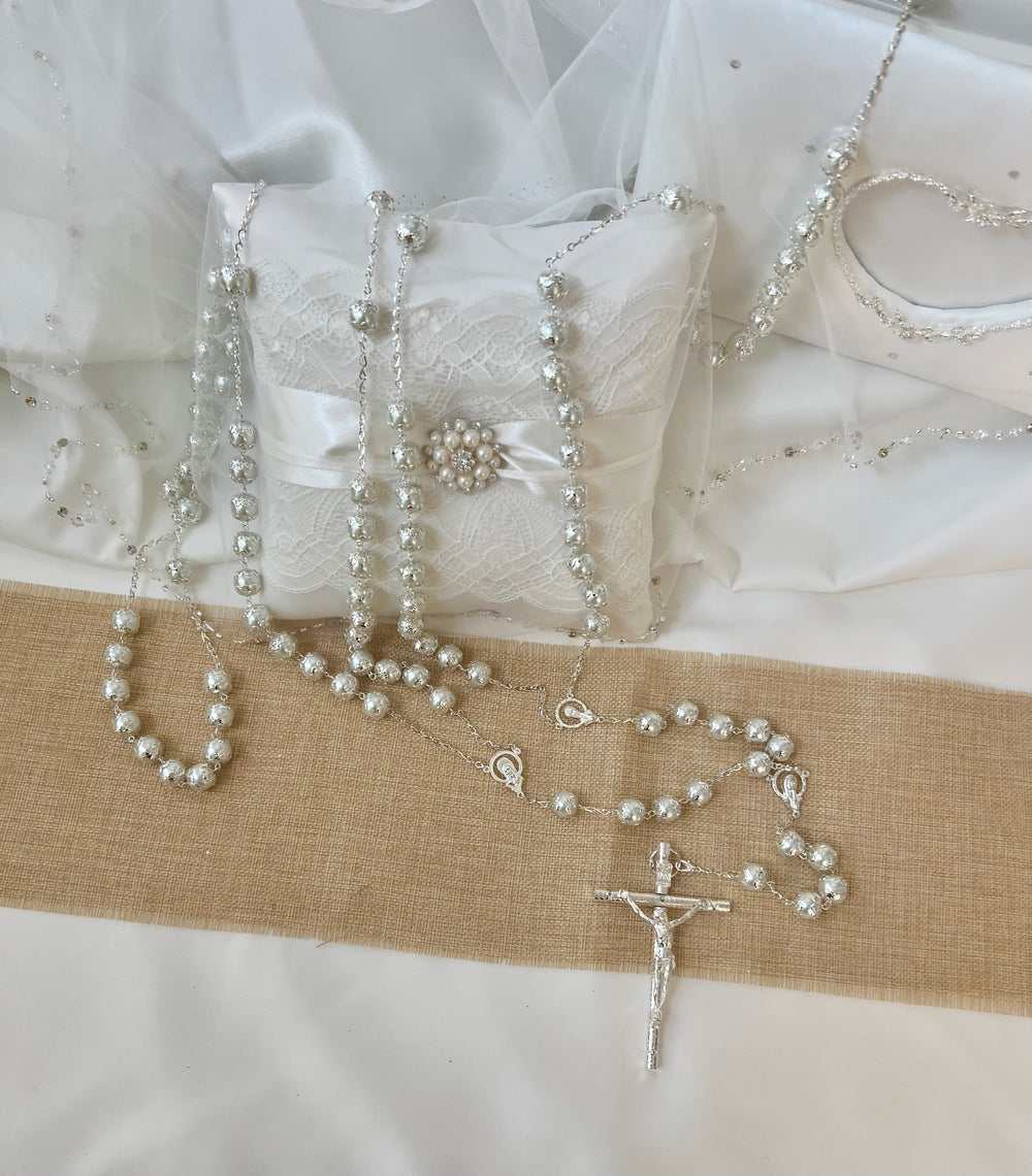 Lazo Per Matrimonio Tradizionale - Corda Intrecciata Bianca E Argento Con Rose In Cera - 137 Cm