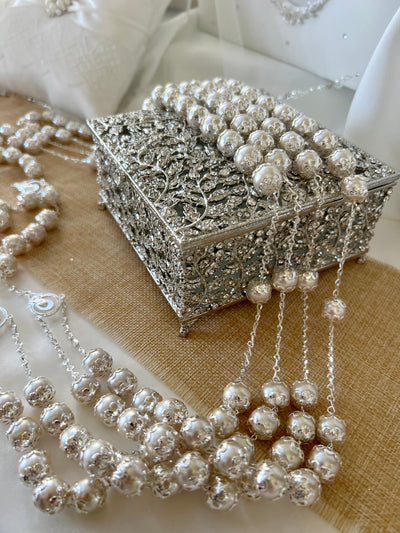 Wedding Lasso with Box, Pearl Silver Chain Wedding Lasso in Elegant Sparkling Lasso box