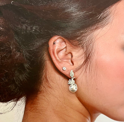 Bridal Earrings, Classy Round Pearl and Zirconia Wedding Earring