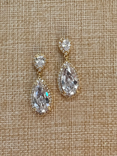 Gold Bridal Earrings, Swarovski and Zirconia Quinceanera Jewelry Drop Earring