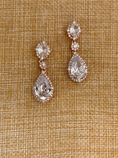 Rose Gold Bridal Earrings, Swarovski and Zirconia Quinceanera Jewelry Classic Earring