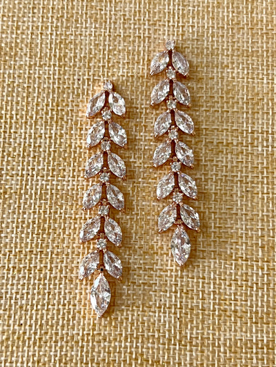 Rose Gold Bridal Earrings, Swarovski and Zirconia Wedding & 15 Anos Leaf Earring