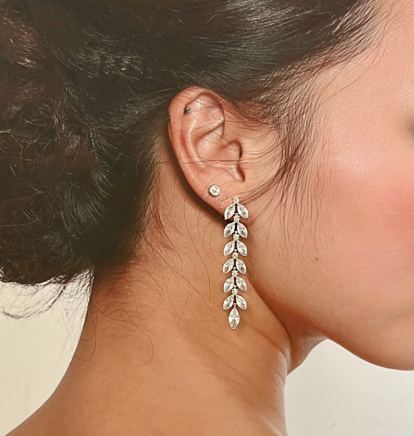 Silver Bridal Earrings, Swarovski and Zirconia Wedding & 15 Anos Leaf Earring