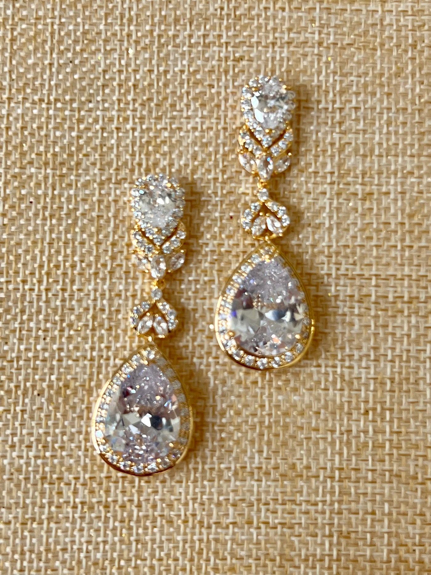 Gold Bridal Earrings, Swarovski and Zirconia Quinceanera Tear Drop Earring
