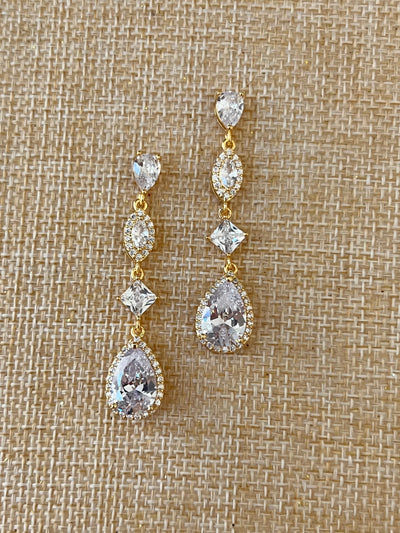 Gold Bridal Earrings, Delicate Swarovski and Zirconia Wedding & XV Earring