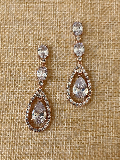 Rose Gold Quinceanera Earrings, Double Drop Zirconia Wedding Earring for Bride