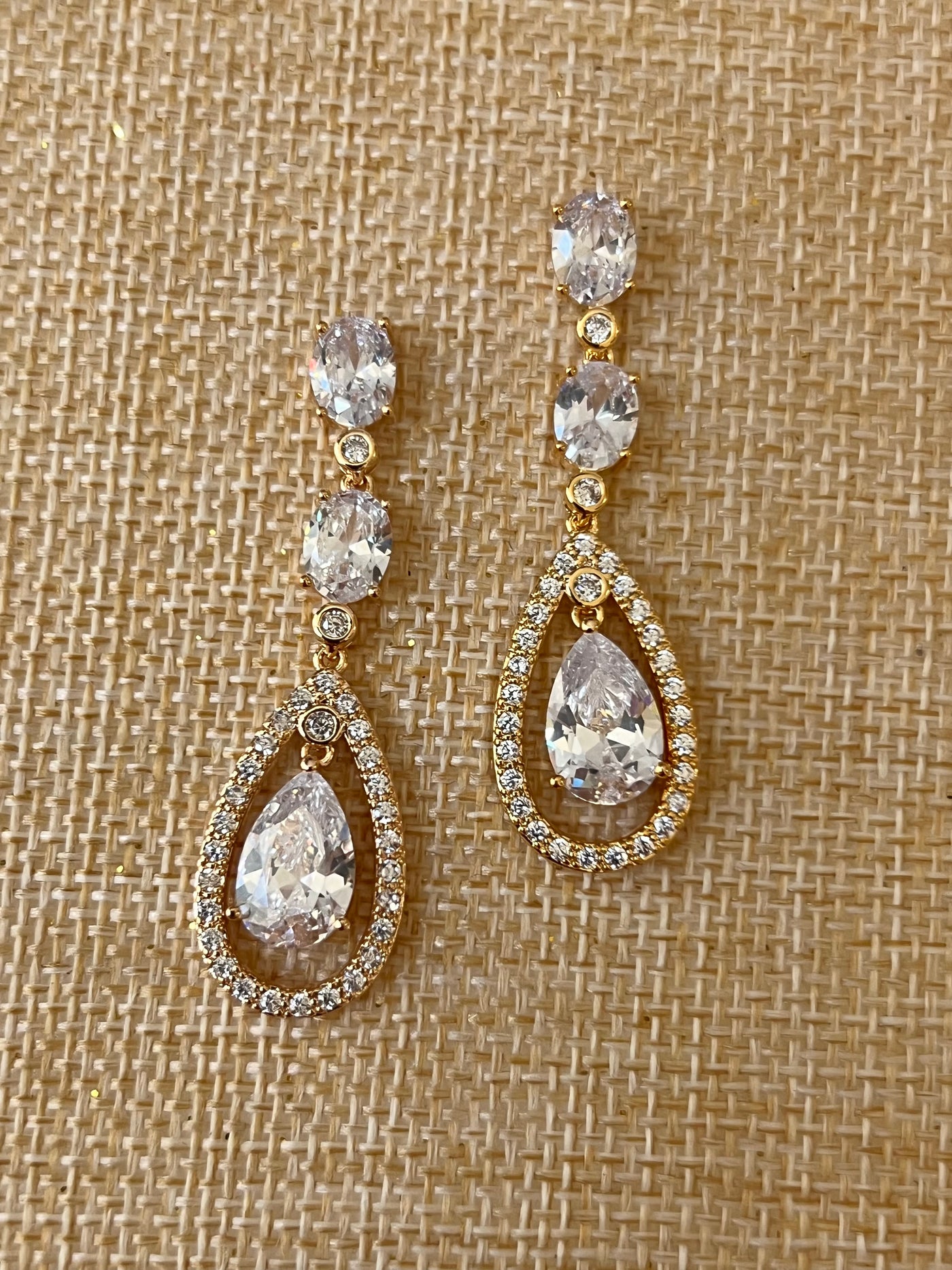 Gold Quinceanera Earrings, Double Drop Zirconia Wedding Earring for Bride