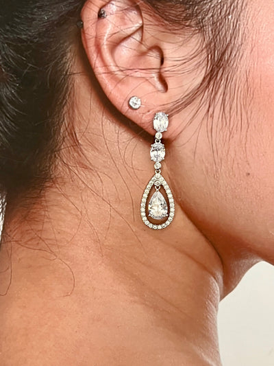 Silver Quinceanera Earrings, Double Drop Zirconia Wedding Earring for Bride