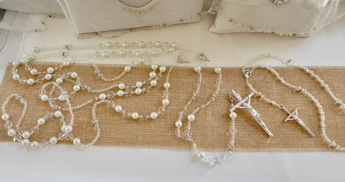 Wedding Lasso & Matching Rosary Combo White Pearl and Large Crystals