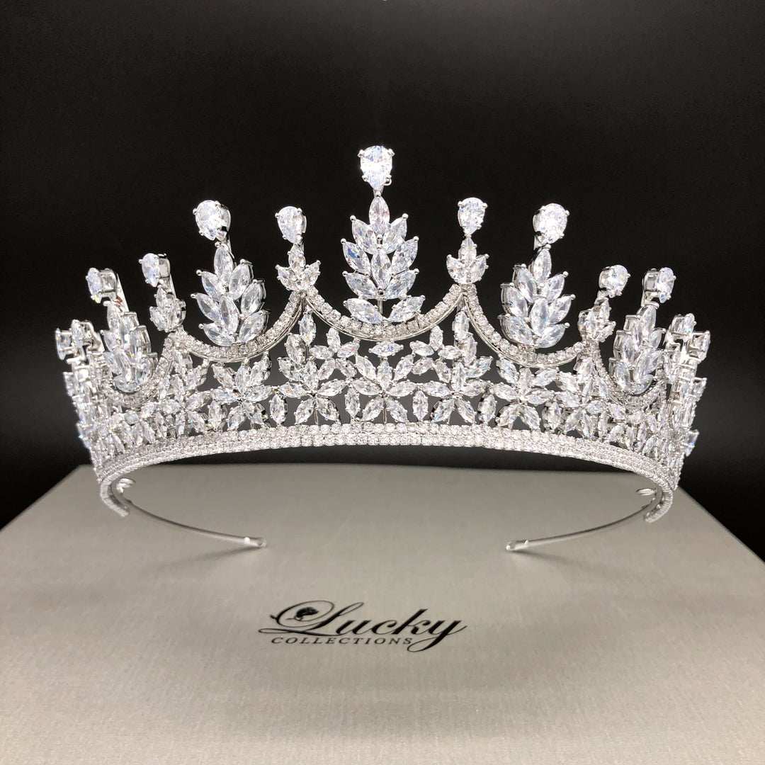 Lucky Collections Premium Cubic Zirconia Bridal Tiara Crown Silver CZ Teardrop SilverTiararound-  main image 4