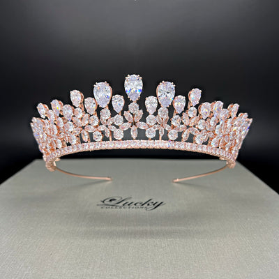 Rosegold Tiara, Zirconia, 1.5 Inch Central Height, Perfect Pop of Sparkle by Lucky Collections ™