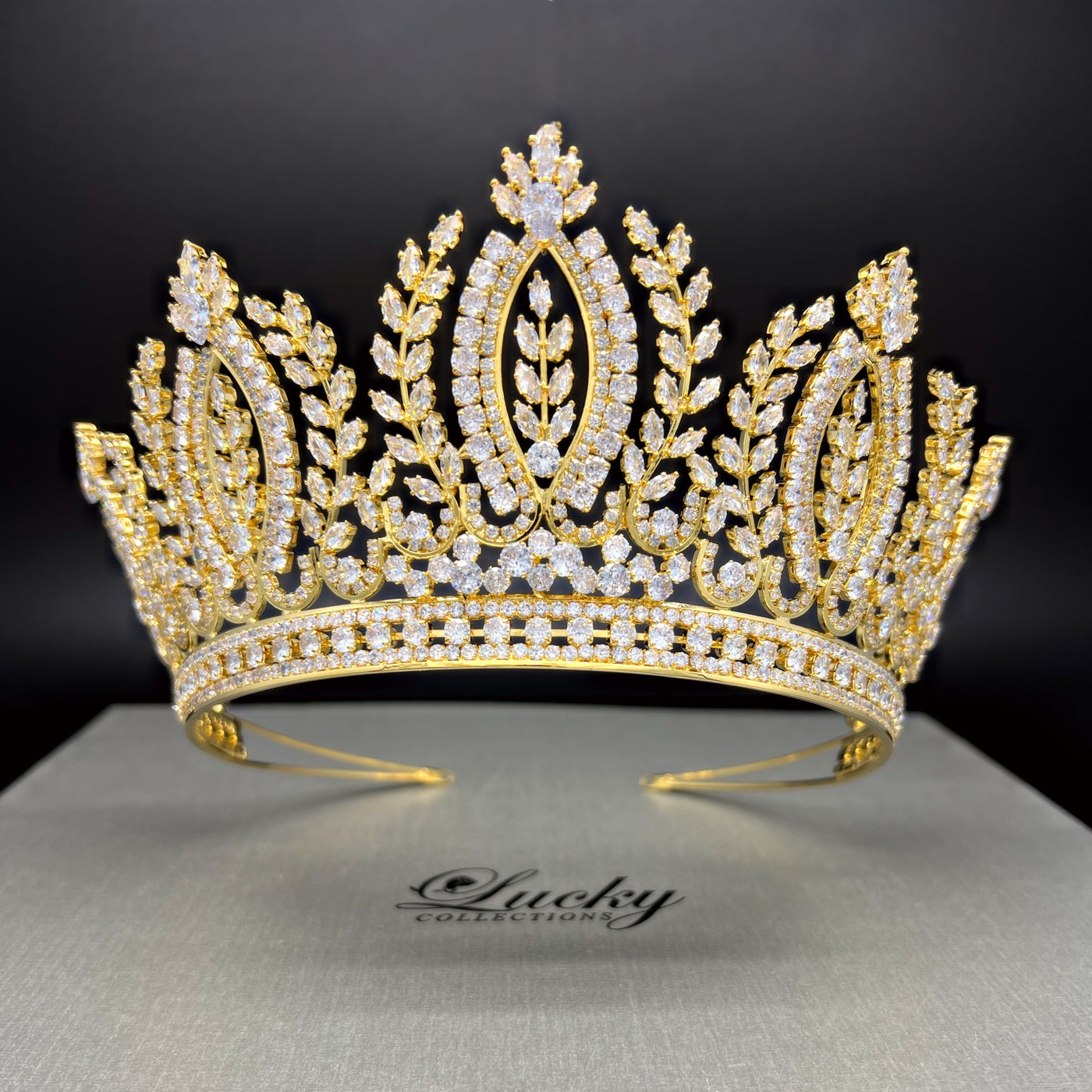 Gold Tiara, Zirconia, 3 Inch Central Height Corona with High Quality CZ by Lucky Collections ™