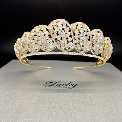 This bridal gold tiara is designed with the highest quality cubic zirconia. 