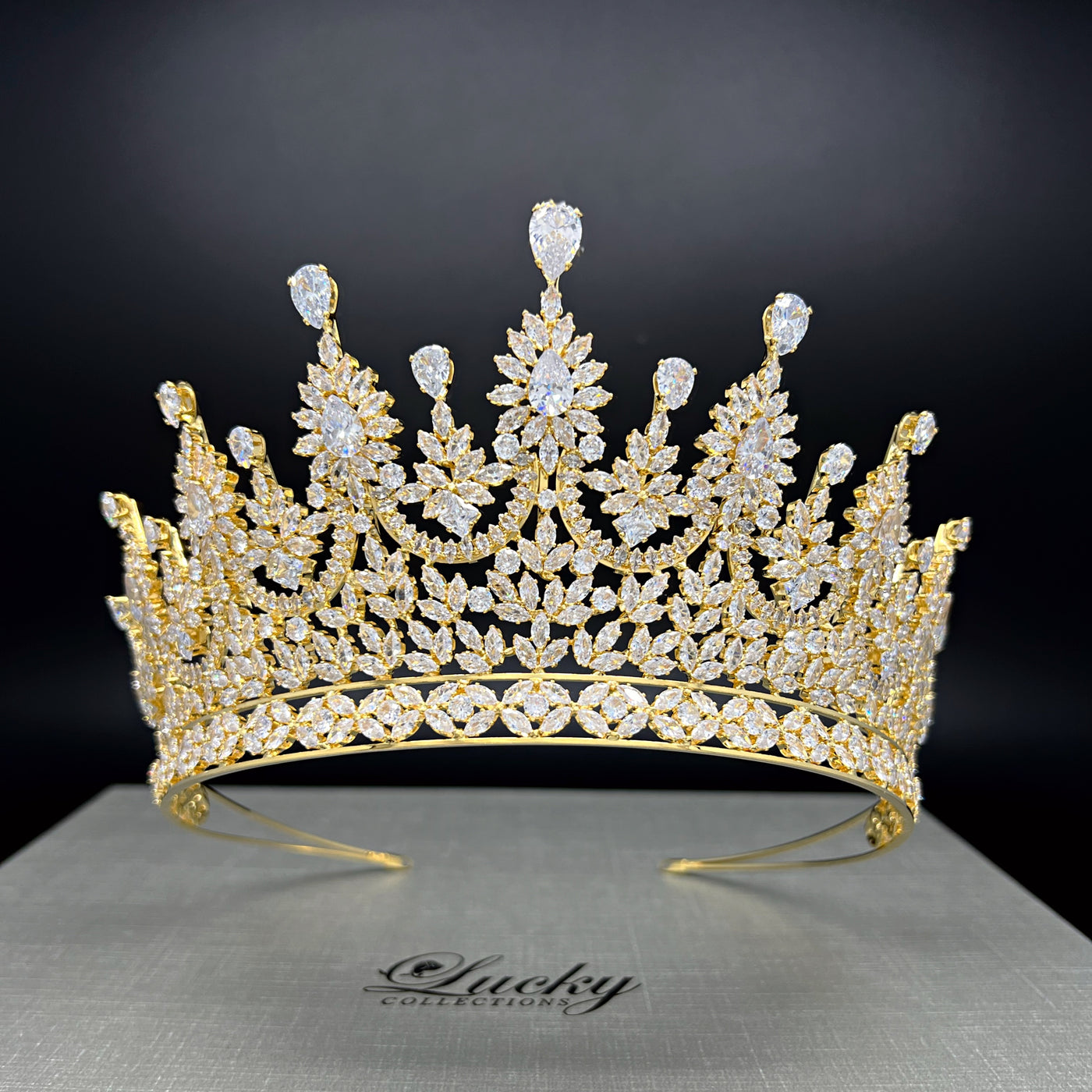 Gold Bridal Opulent Cubic Zirconia Tiara with Glistening gems of Crystal Shine
