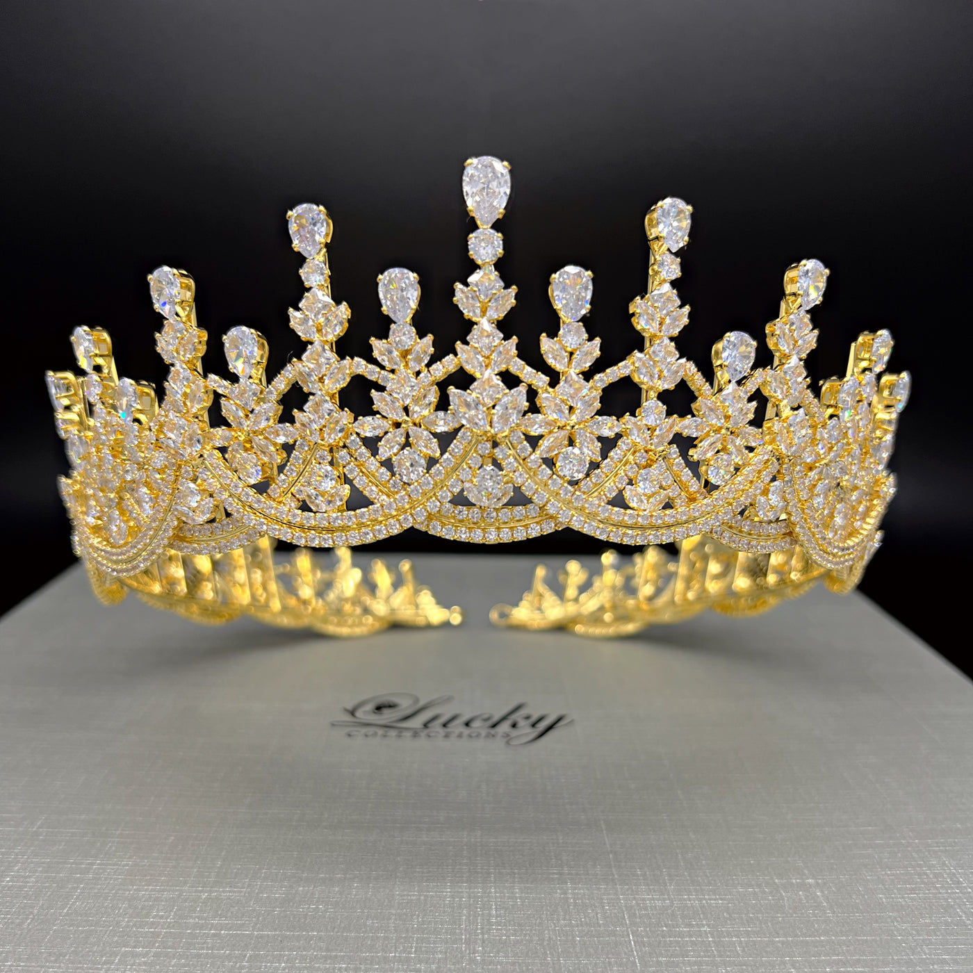 Cubic Zirconia Bridal and Quinceanera Tiara (Corona), High and Low Peaks