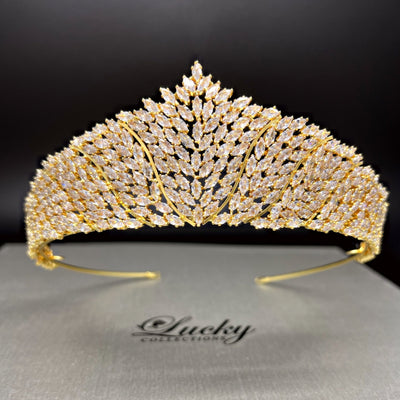 Gold Bridal  Corona,  Quinceanera Tiara, Elegant Diamond Look Cluster