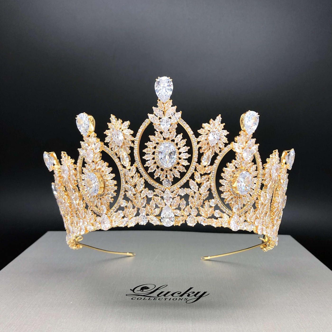 Gold Tall Tiara, Zirconia, Handmade with Love by Lucky Collections ™