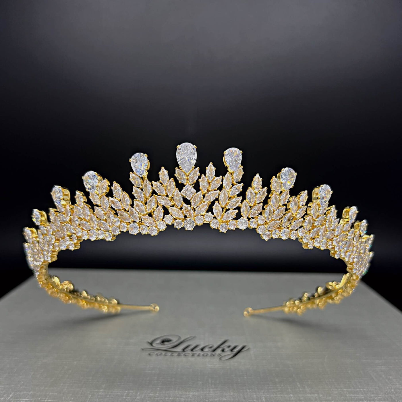Gold Zirconia Bridal Crown, Quinceanera Tiara, Corona de 15 Anos Graceful Design by Lucky Collections™
