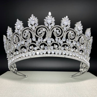 Cubic Zirconia Bridal Crown, Quinceanera Tall Tiara,  Finest Cut CZ Scrolls and Peaks