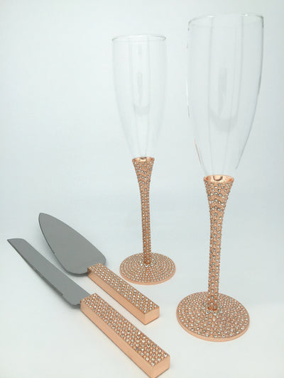 Toasting Glass and Cake Server, Handset Sparkling Rhinestone Inlayed  by Lucky Collections ™. Pala y cuchillo, 