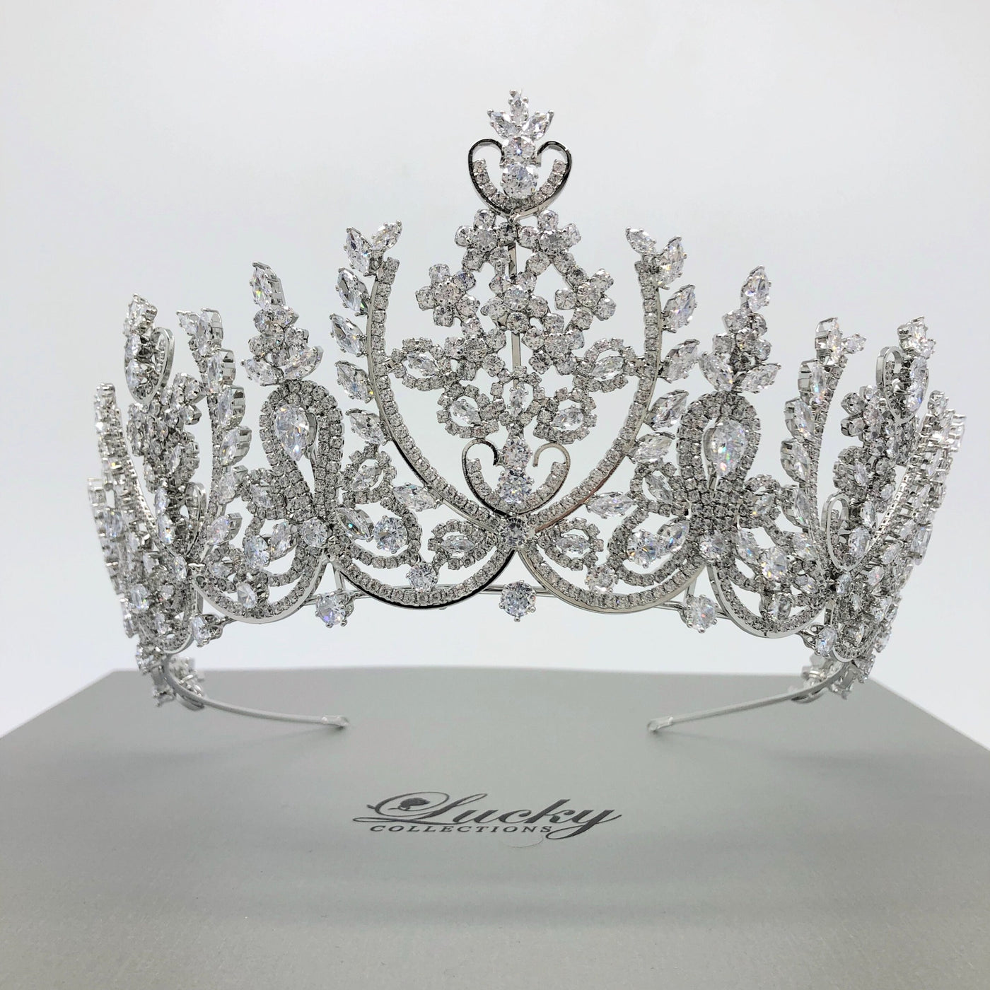 Silver Tall Tiara with unique Curves , Lines, Motifs & Style by Headband & Hair Accessories for Brides, Quince, Maid of Honor by Lucky Collections ™