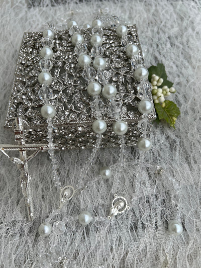 Lasso with Box, Wedding Lasso Rosary with Cross, White Pearl and Crystal Bead by Lucky Collections™