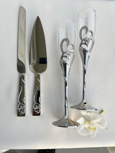 Toasting Glass and Servers for Bridal and Wedding, Heart Cake Cutting Set by Lucky Collections