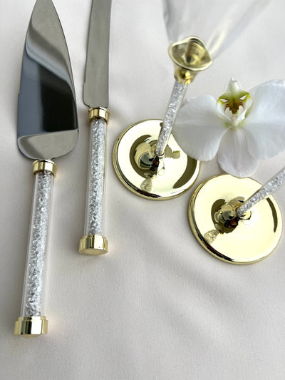 Toasting Glass Set & Cake Server, Swarovski Crystal Set for Bridal & Wedding Ceremony by Lucky Collections ™