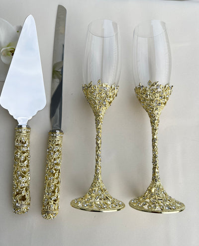 Wedding Glasses and Cake Server Set, Rhinestone Crystal Champagne Toasting for Couple