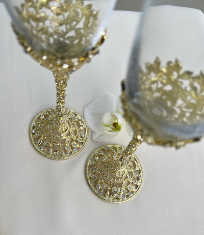 Wedding Glasses and Cake Server Set, Rhinestone Crystal Champagne Toasting for Couple