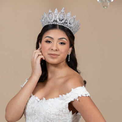 Tall Cubic Zirconia Bridal and Quinceanera Tiara Shines Like Diamonds - Silver