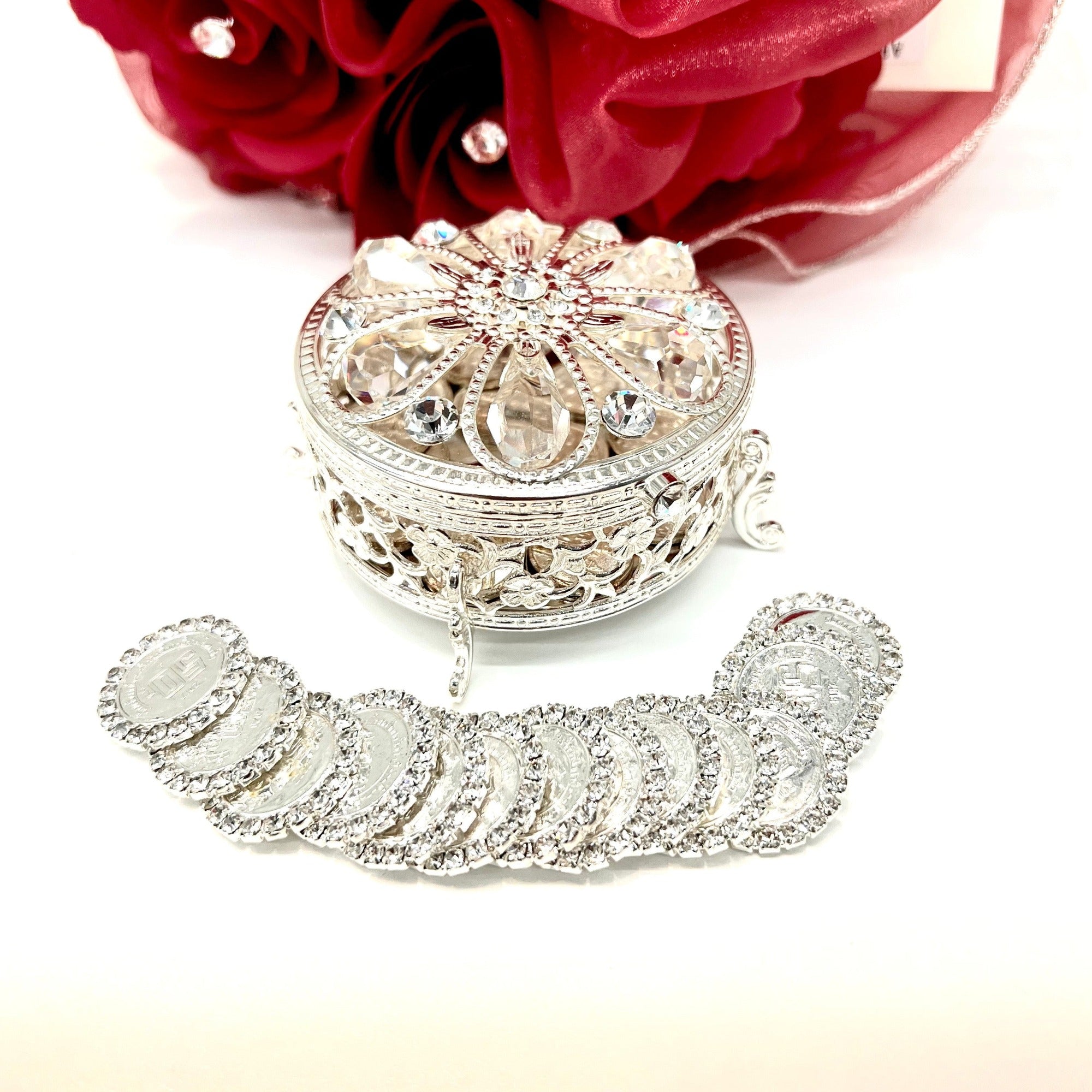 Round Floral Crystal Wedding Arras Box & Unity Coins | Lucky ...