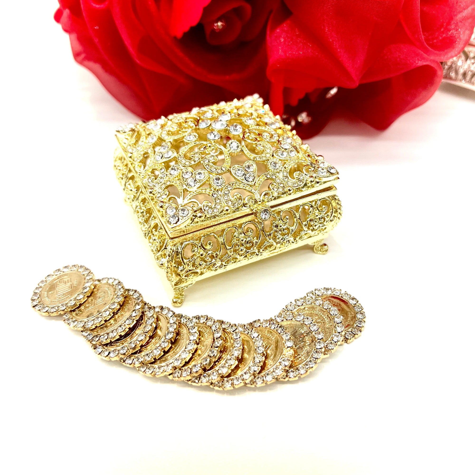 Square Rhinestone Wedding Arras Box & Unity Coins - Spanish | Lucky ...
